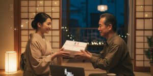 着物を着た女性が、お世話になった人にお歳暮を贈っている