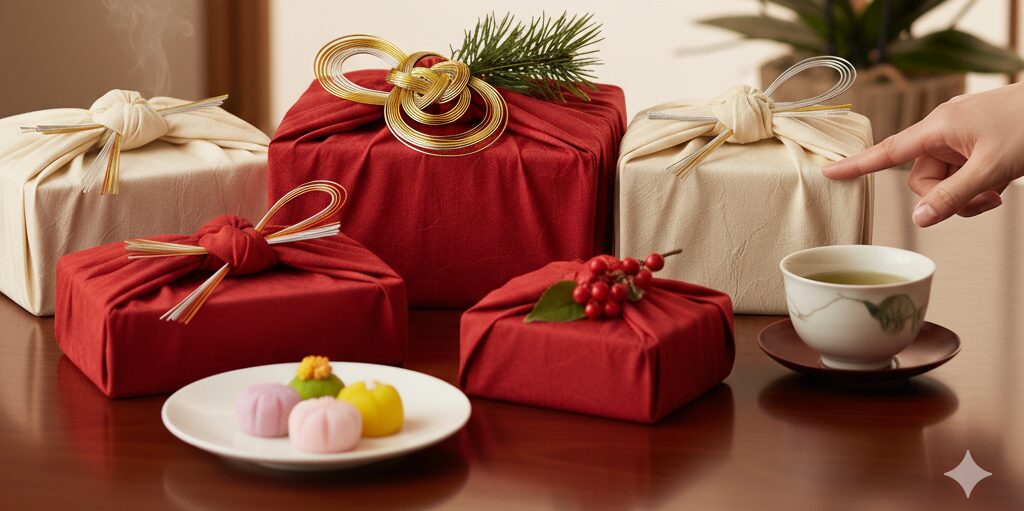 赤と白の布で包まれた五つの贈り物