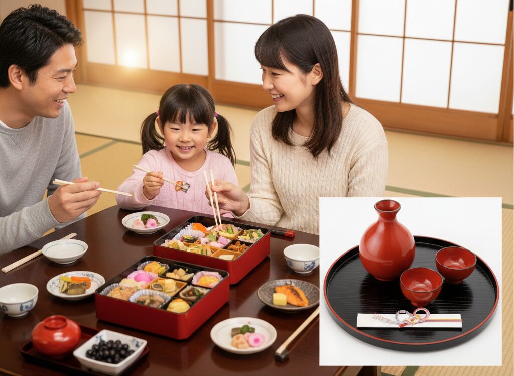 おせち料理とお屠蘇を囲む家族の光景