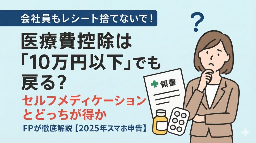 医療費控除とセルフメディケーションの、どちらが有利かを説明している女性。