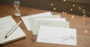 テーブルの上に、ノート、万年筆、数枚のポストカードがある