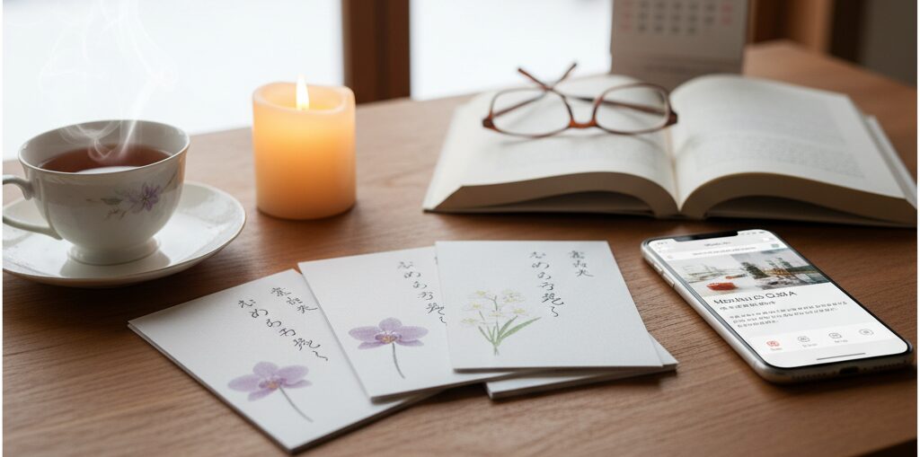 テーブルの上には、数枚の絵はがきとスマートフォン、本があります