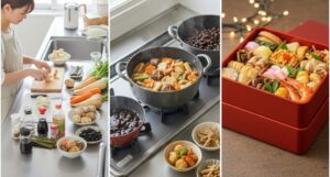 おせち料理の準備、調理、完成の状態が3枚のイラストで示されています