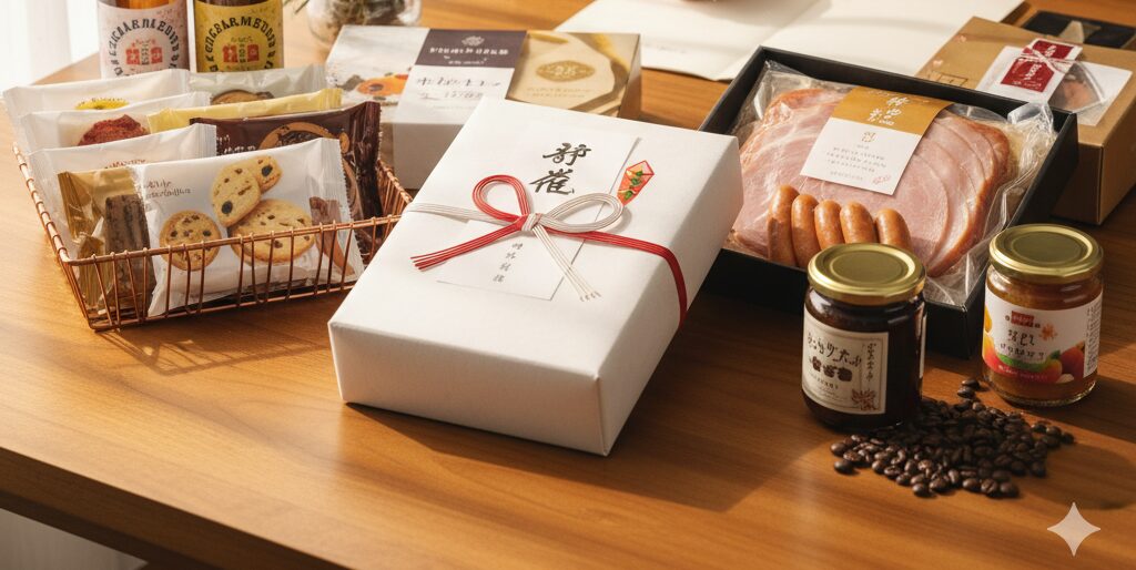 テーブルの上には、お歳暮として送り物がいくつかあります