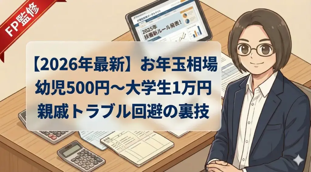 【2026年最新】お年玉の金額相場（幼児500円から大学生1万円まで）と、親戚トラブル回避の裏技を解説する記事のアイキャッチ。FPのイラスト。