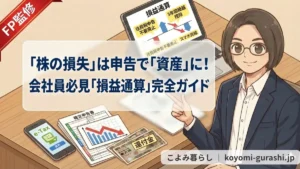 「株の損失」は申告で「資産」に！会社員必見「損益通算」完全ガイド。FPこよみが、スマホでのe-Tax申告や確定申告書、還付金のイメージとともに解説しているアイキャッチ画像。
