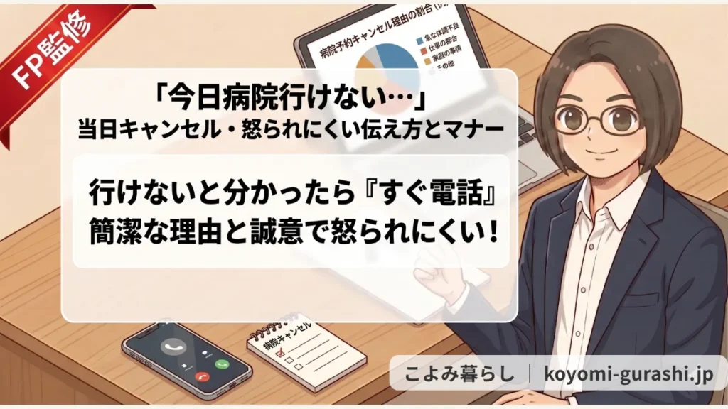 FP監修の『今日病院行けない…』当日キャンセル時の怒られにくい伝え方とマナーの解説図。スーツ姿の人物がスマートフォンとPC画面のグラフを指差し、『行けないと分かったらすぐ電話』『簡潔な理由と誠意』というポイントを伝えている。