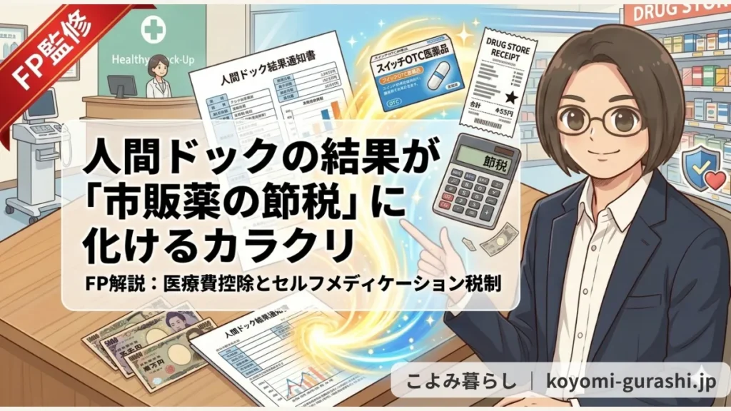 FP解説による「人間ドック結果と市販薬節税（セルフメディケーション税制）のカラクリ」のアイキャッチイラスト。人間ドック結果通知書、スイッチOTC医薬品、レシート、確定申告書が光で繋がれ、眼鏡のFPが指し示している。