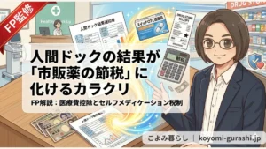 FP解説による「人間ドック結果と市販薬節税（セルフメディケーション税制）のカラクリ」のアイキャッチイラスト。人間ドック結果通知書、スイッチOTC医薬品、レシート、確定申告書が光で繋がれ、眼鏡のFPが指し示している。